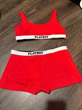 PLAYBOY Red Bralette and Shorts Lounge Set with White Logo Band